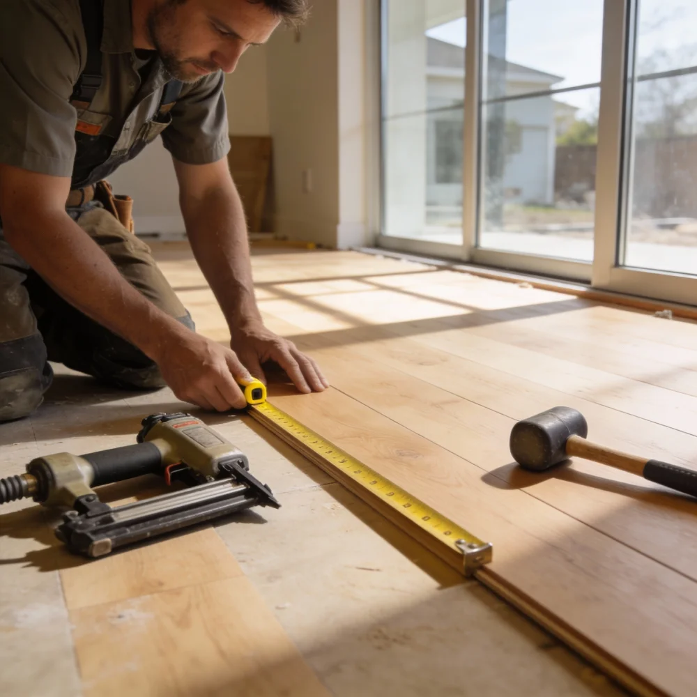 man measures wooden floor planks
