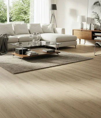 Home flooring installation with light oak hardwood, modern living room, white sofa, natural lighting
