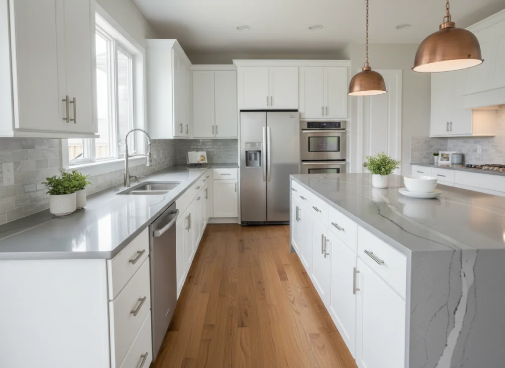 beautifully coordinated kitchen showcasing harmonious countertops, cabinets, and flooring working together seamlessly.