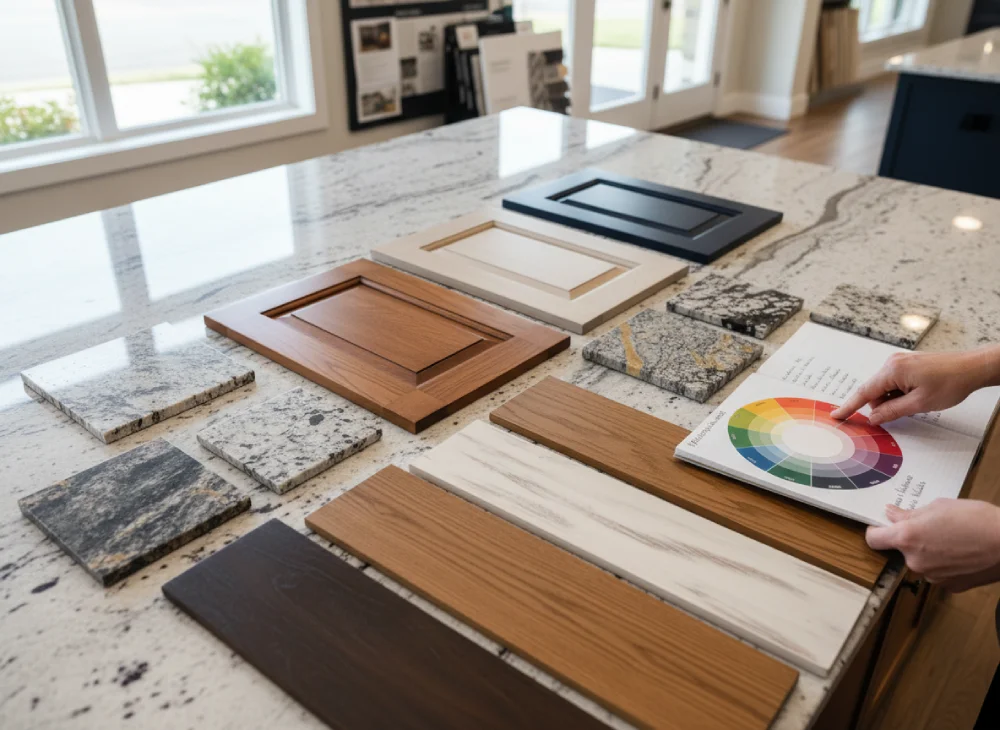 material samples laid out on a kitchen counter for design coordination—granite countertop samples with various veining patterns
