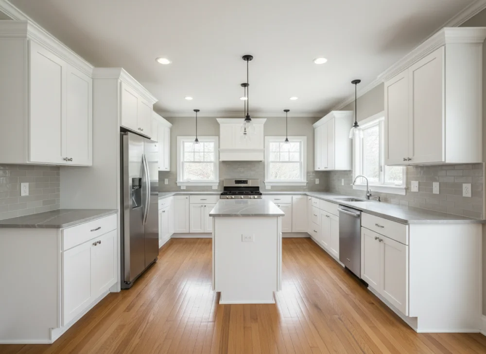 beautifully coordinated kitchen showcasing harmonious countertops, cabinets, and flooring working together seamlessly