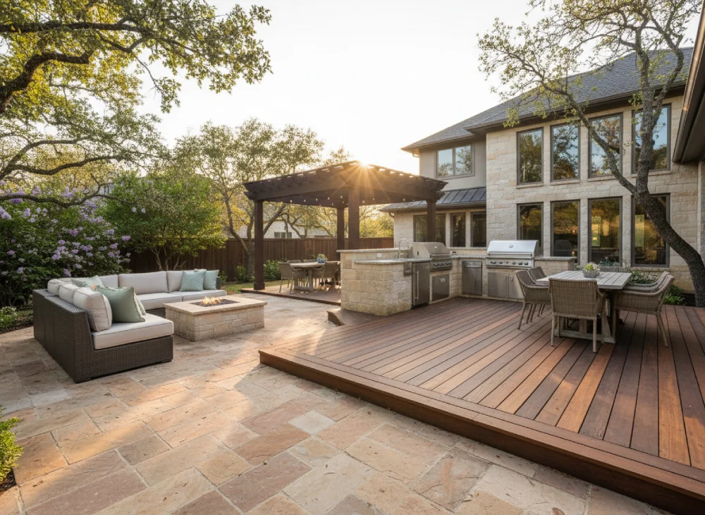 Spacious patio with a stone floor and elevated wooden decking, featuring a pergola, outdoor kitchen, dining area, and cozy seating by a fire pit at sunset.