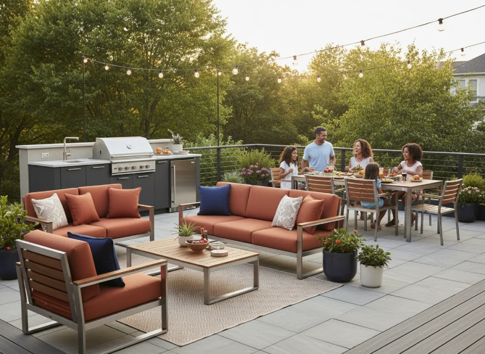 family enjoying their weather-resistant outdoor living space during a beautiful summer