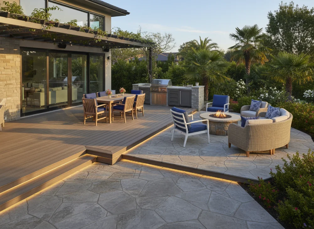 well-designed outdoor living space showcasing multiple weather-resistant materials working together harmoniously