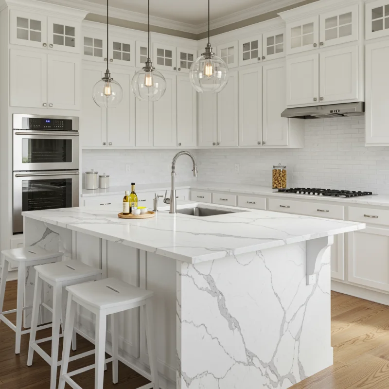 White shaker kitchen with glass cabinet doors, waterfall quartz island, clear glass globe pendant lights, light wood floors