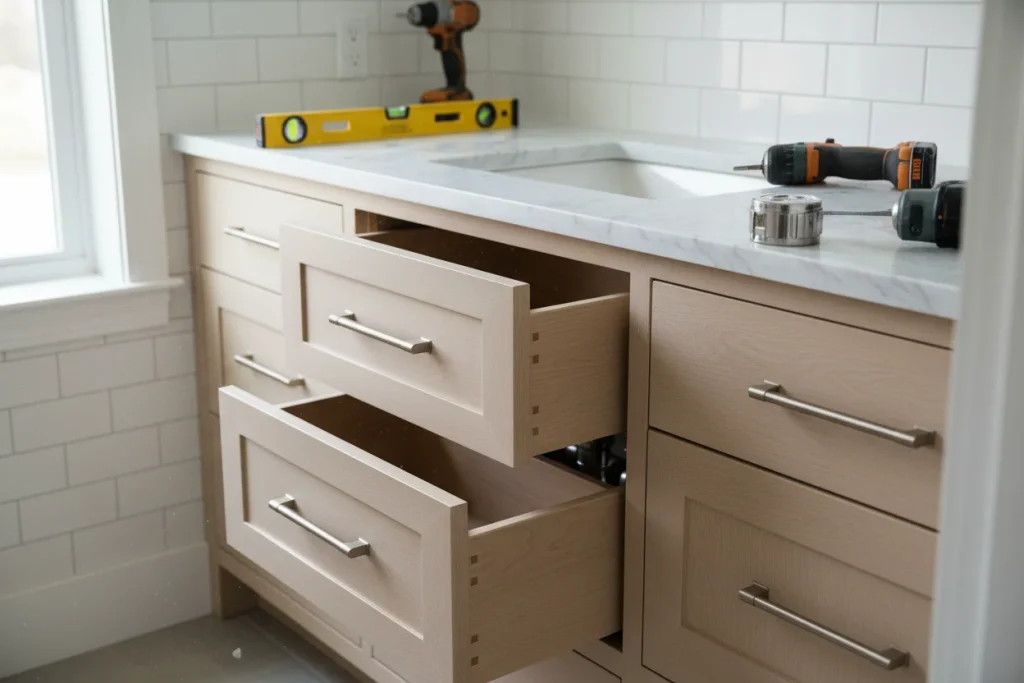 Custom bathroom vanity installation by CabStone cabinet maker in Massachusetts