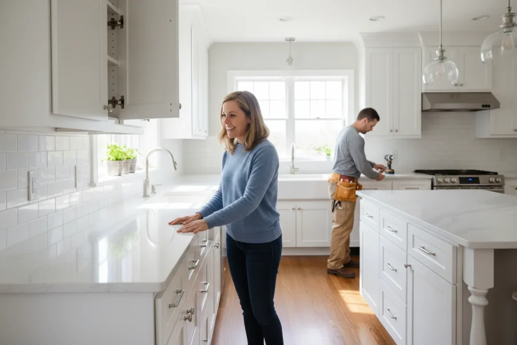 Completed custom cabinet installation in a North Shore MA kitchen with homeowner walkthrough