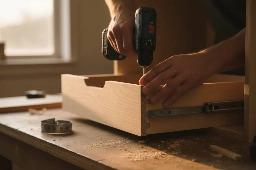 Cabinet installation detail showing dovetail drawer construction and soft-close hardware