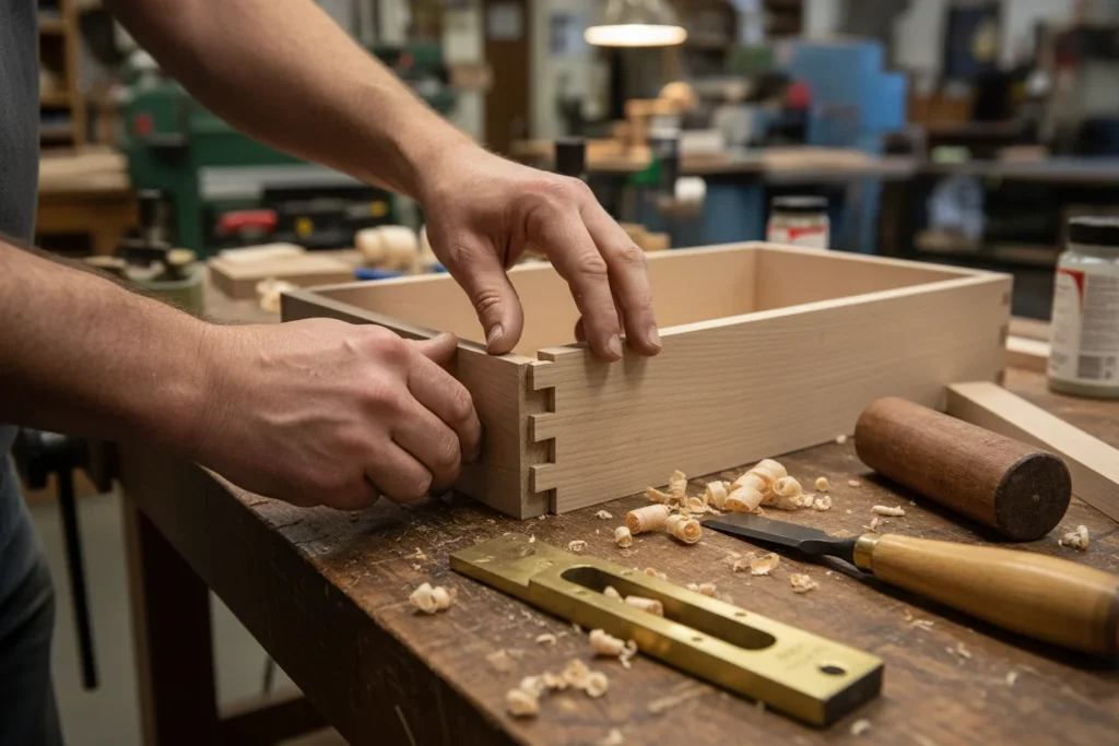 Cabinet maker assembling precision dovetail joinery for custom kitchen drawer in Massachusetts