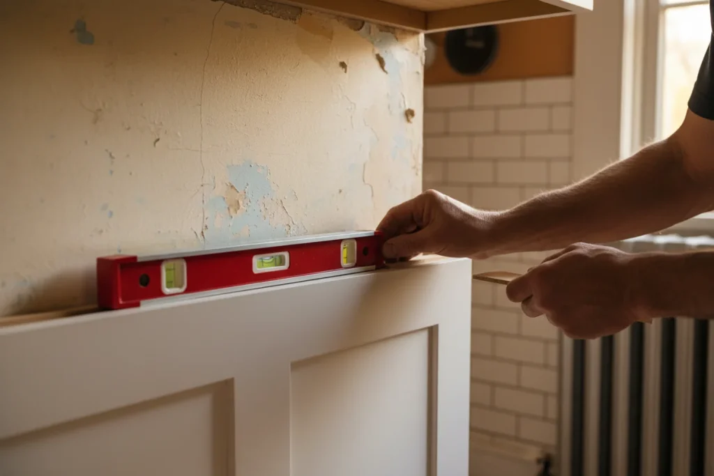 Cabinet installer shimming a base cabinet against an uneven wall during kitchen installation