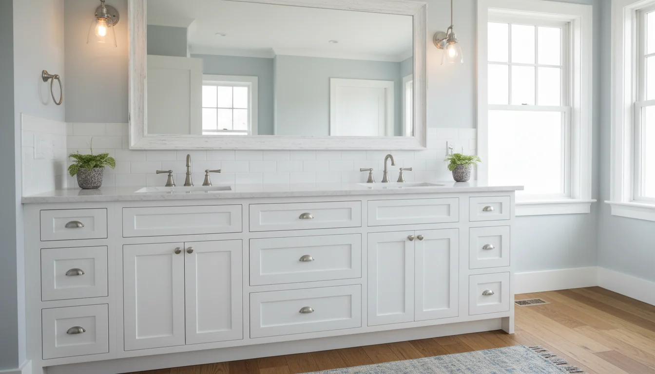Custom double sink bathroom vanity with shaker doors and quartz countertop in a Middleton MA master bathroom