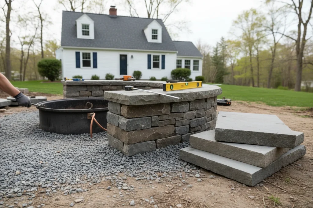 Custom fire pit construction with natural stone veneer and gas insert by CabStone in Massachusetts