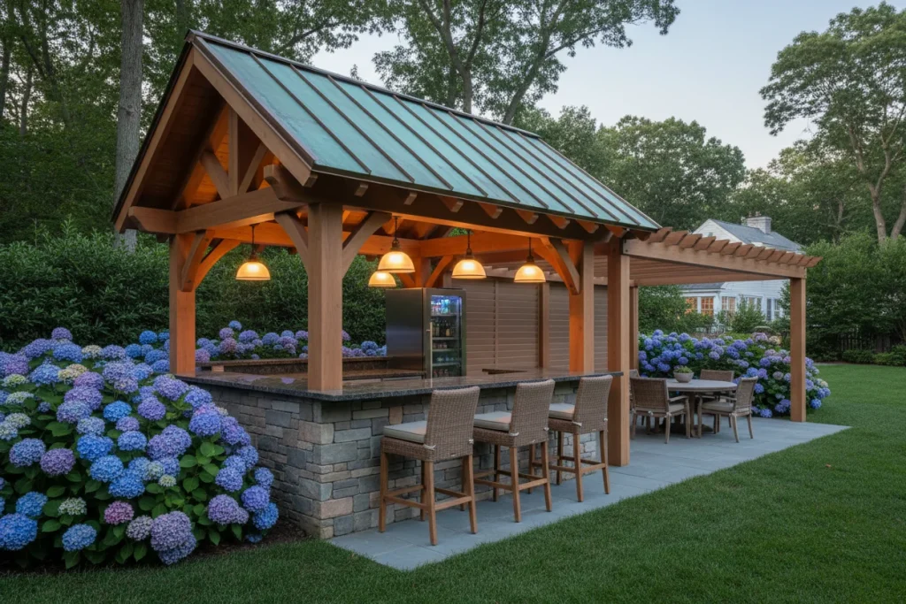 Custom outdoor bar structure with cedar beams and stone veneer built by CabStone on the North Shore