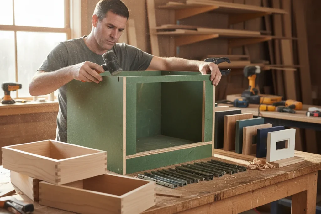 Cabinet maker assembling custom bathroom vanity with plywood construction and dovetail drawers