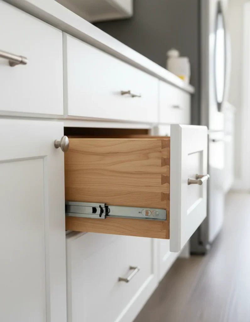 Dovetail drawer box with soft-close slides inside a newly installed white shaker kitchen cabinet