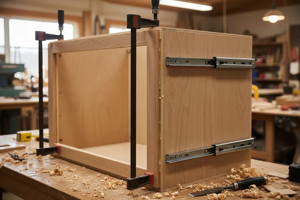 Face frame cabinet construction showing maple stiles clamped to plywood box in a cabinet shop