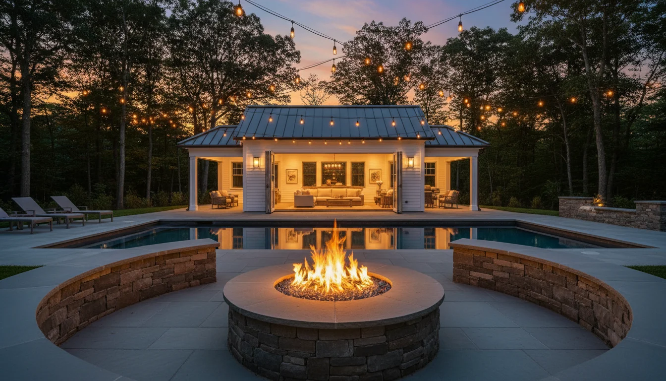 Fire pit pool house and custom backyard structures built by CabStone on the North Shore of Massachusetts
