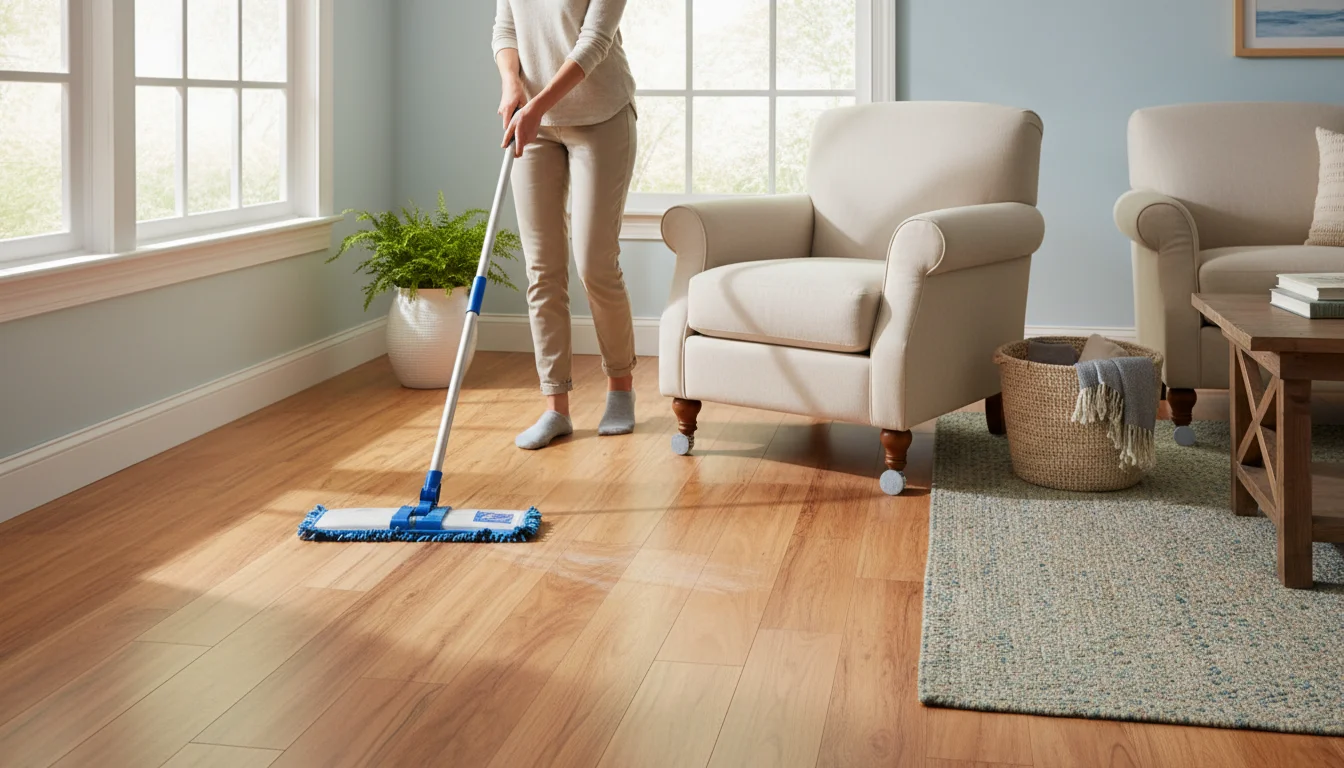 Homeowner cleaning engineered hardwood floors with a microfiber mop in a New England living room