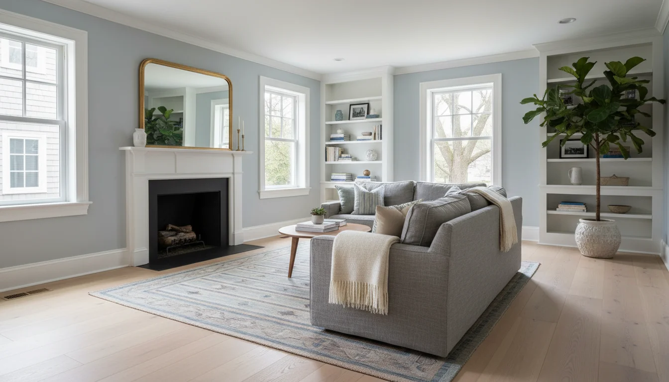 Wide-plank engineered hardwood flooring in a bright North Shore Massachusetts living room