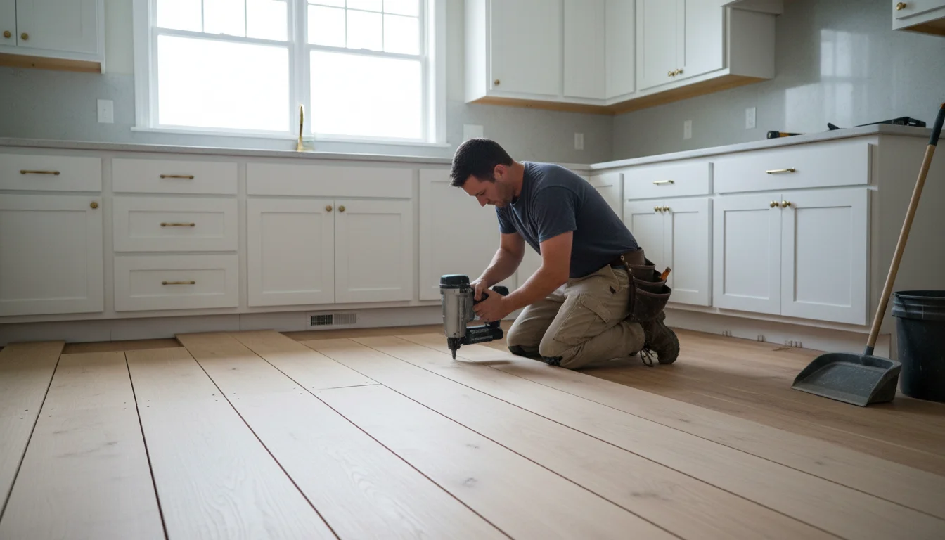 Professional flooring contractor installing hardwood floors in a Middleton MA kitchen