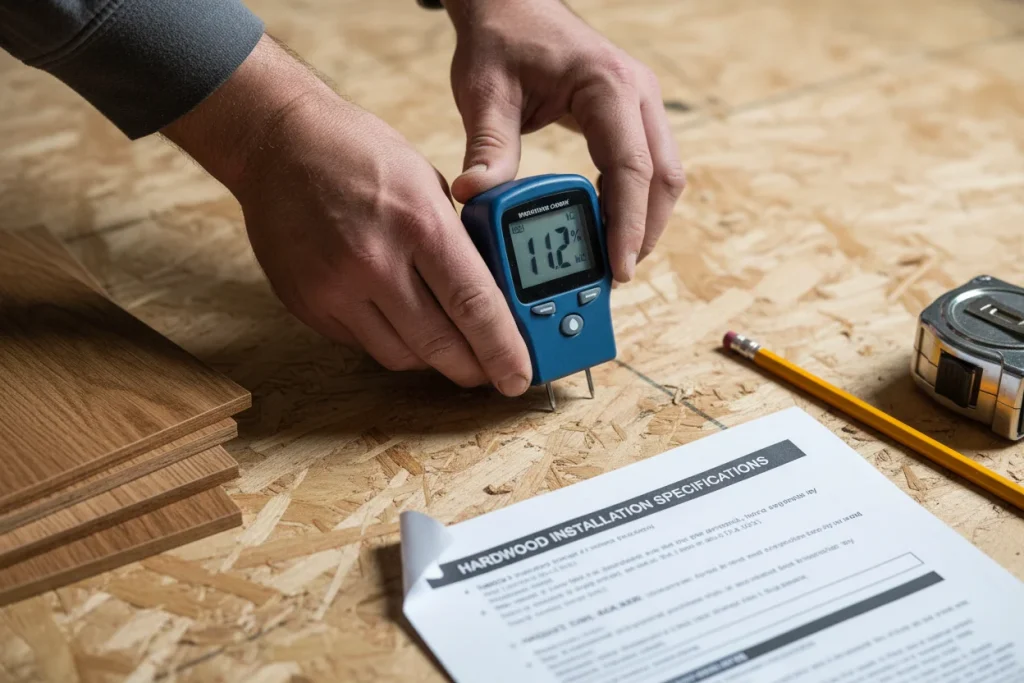 Professional flooring contractor testing subfloor moisture before hardwood installation in Massachusetts