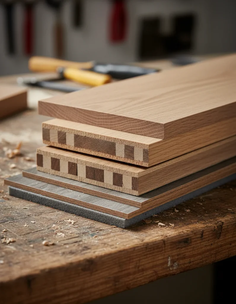 Cross-section comparison of solid hardwood engineered hardwood and SPC luxury vinyl plank construction