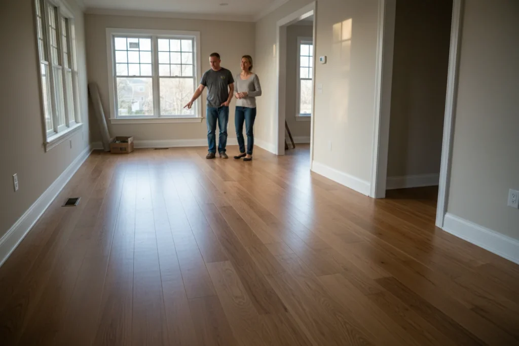 Final inspection of completed flooring installation with trim and transitions in Middleton MA home