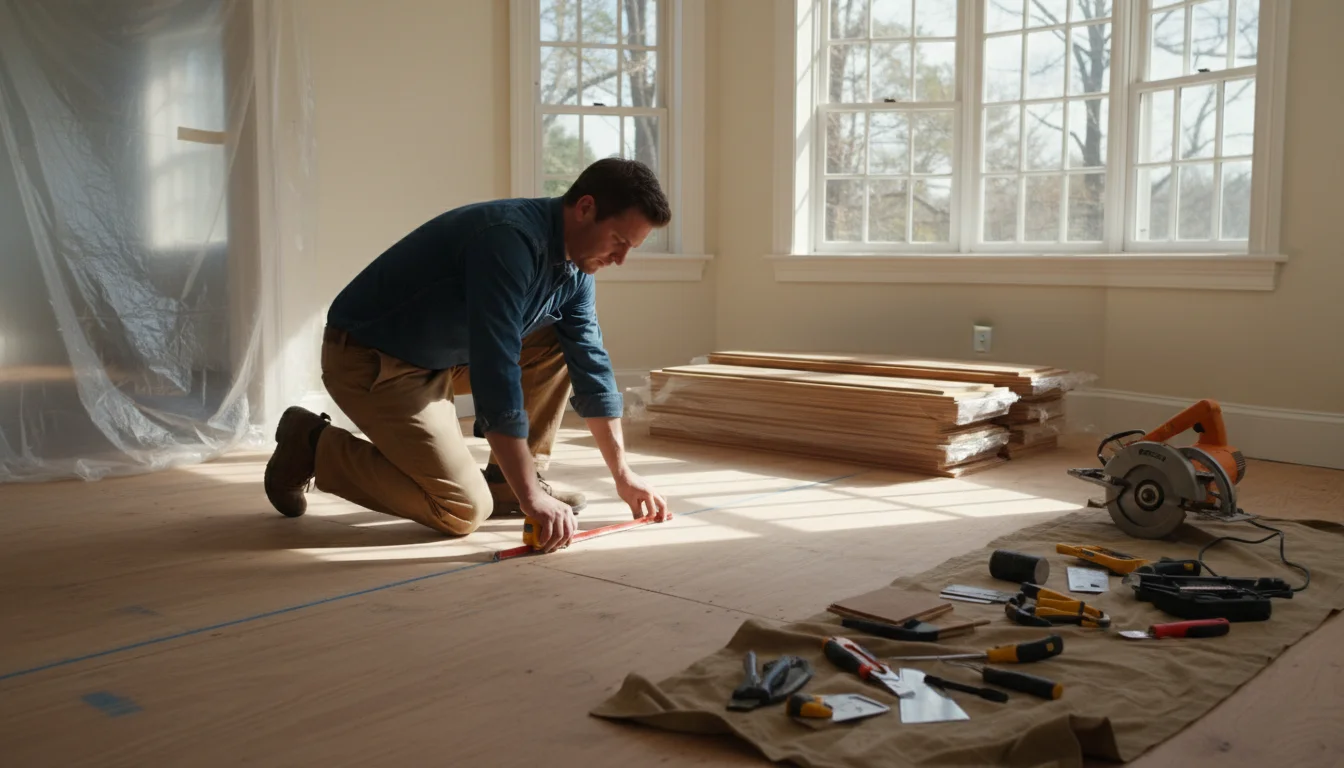 Professional flooring installation process in a New England kitchen with subfloor preparation underway