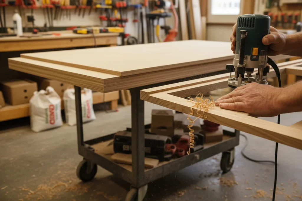 Cabinet maker routing a solid hardwood face frame for custom kitchen cabinets
