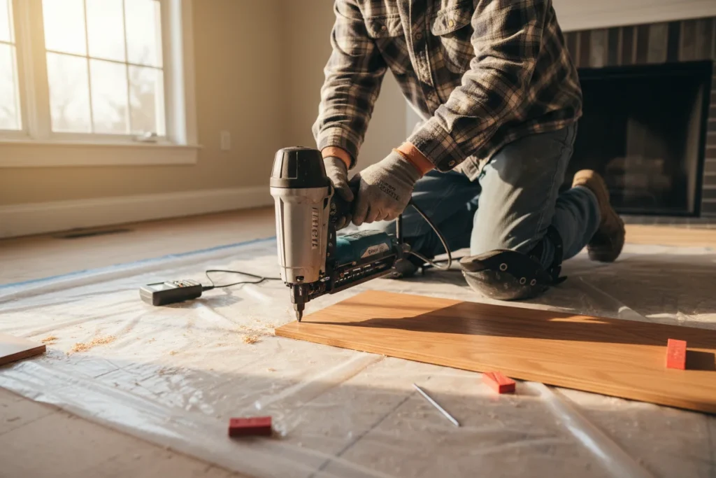 Flooring contractor nailing solid hardwood planks during professional floor installation