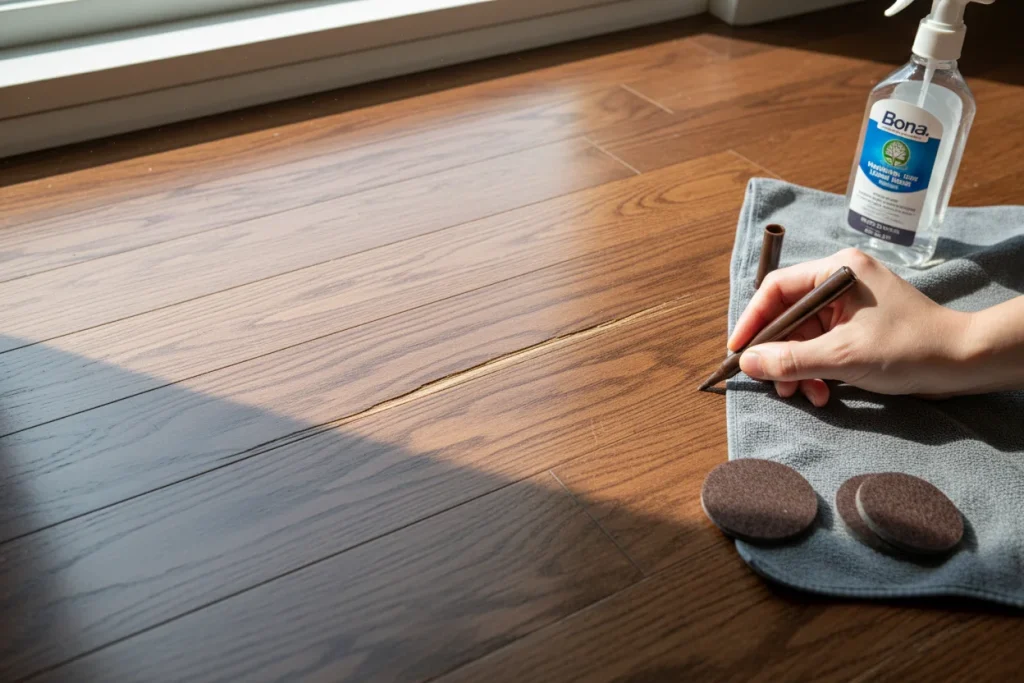 Hardwood floor scratch repair with touch-up marker and proper cleaning products