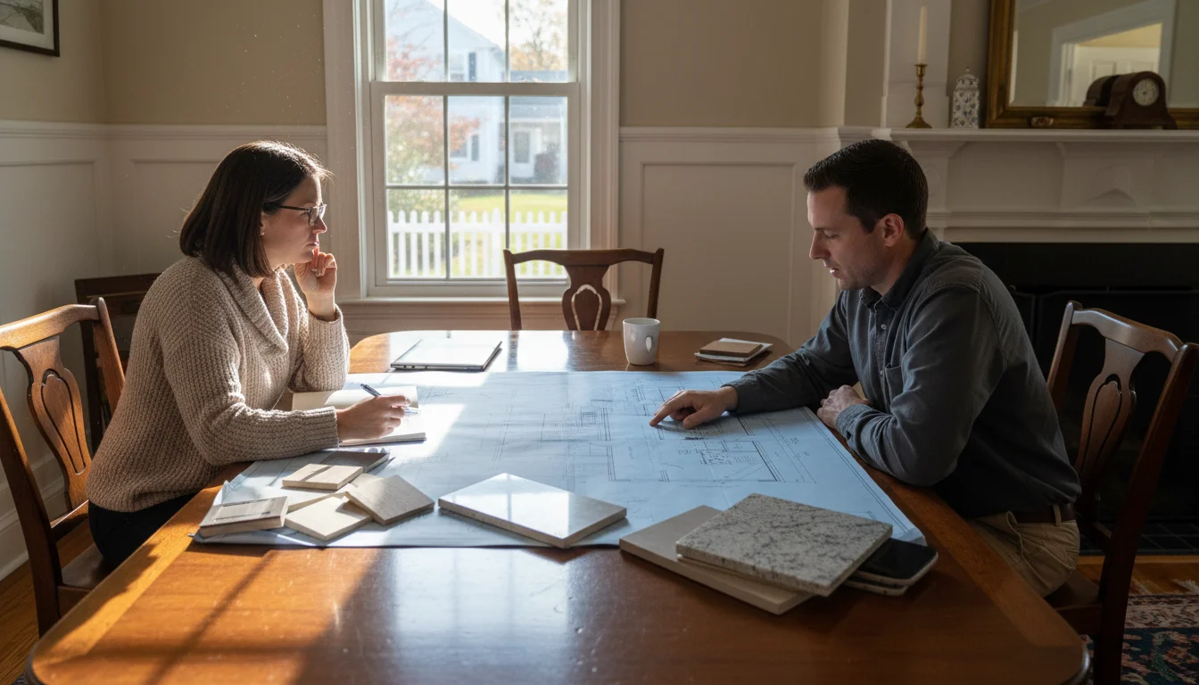 Homeowner reviewing cabinet project plans with a licensed contractor in a Massachusetts home