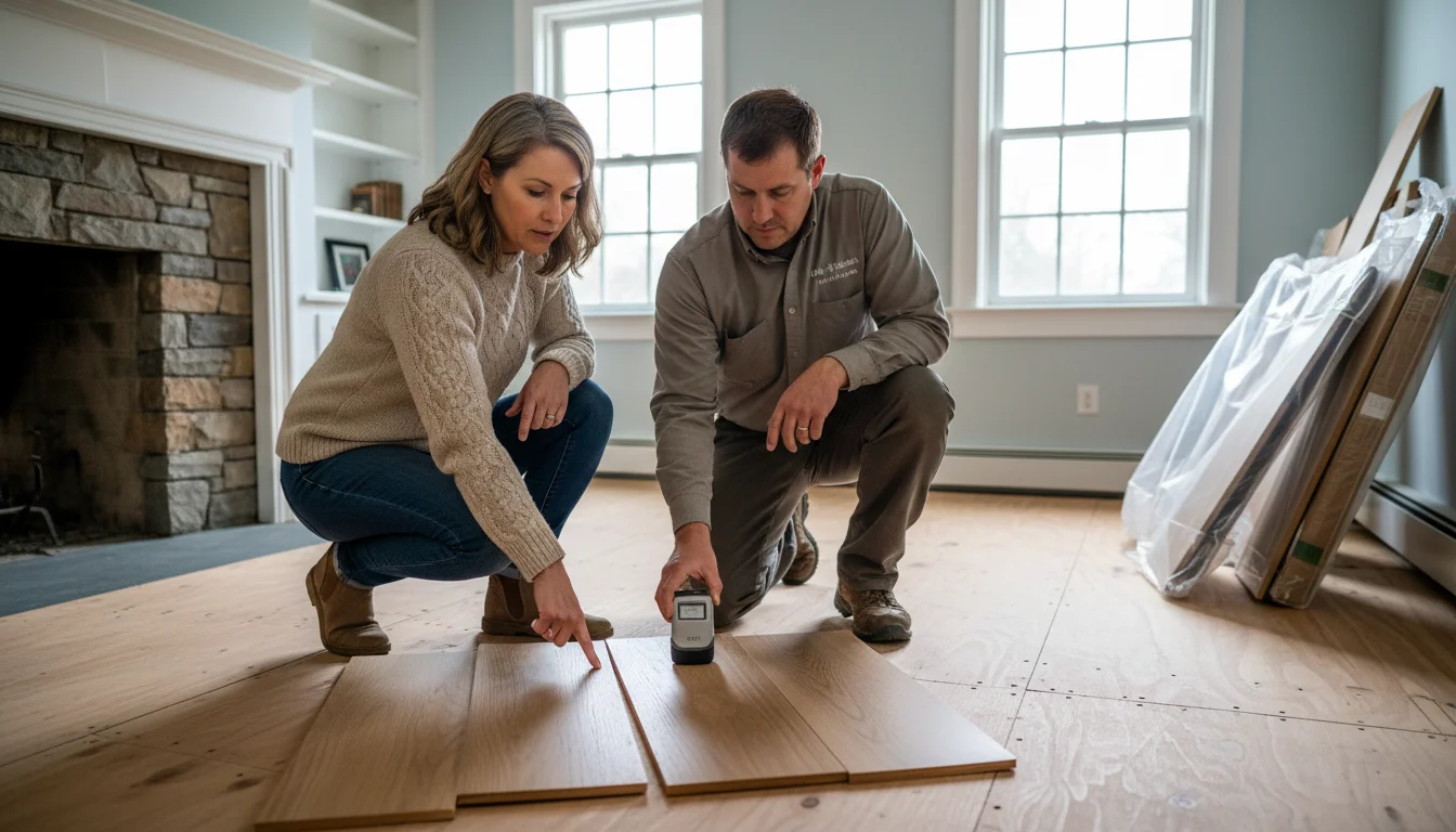How to hire a flooring contractor - homeowner and installer examining hardwood flooring samples in Massachusetts home