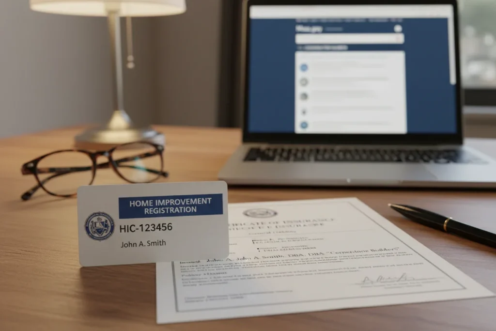 Massachusetts HIC registration card and insurance certificate for cabinet contractor vetting