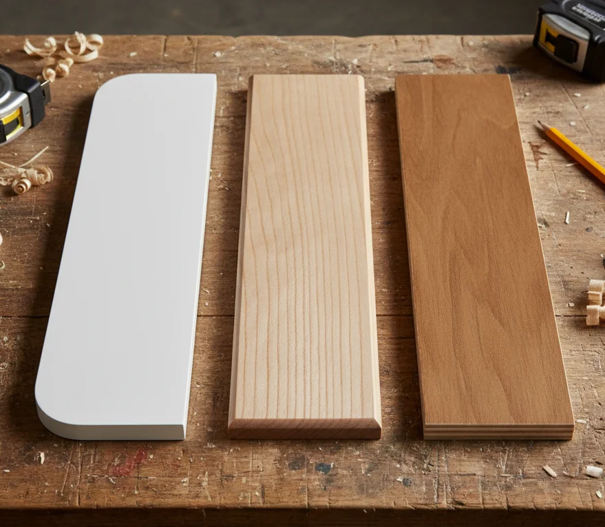 MDF vs hardwood vs plywood cabinet door samples showing material differences for Middleton MA homeowners