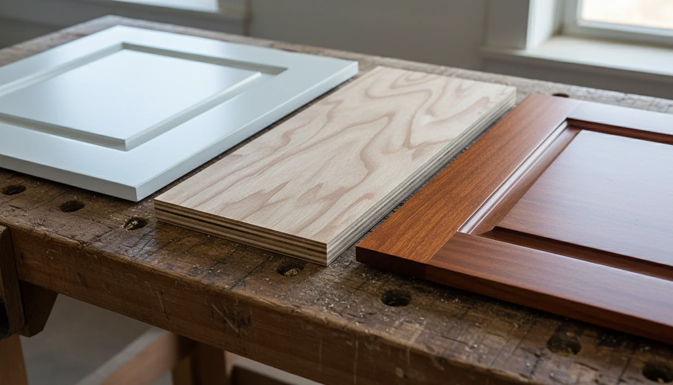 MDF vs plywood vs hardwood cabinet material comparison samples in a Massachusetts cabinet shop