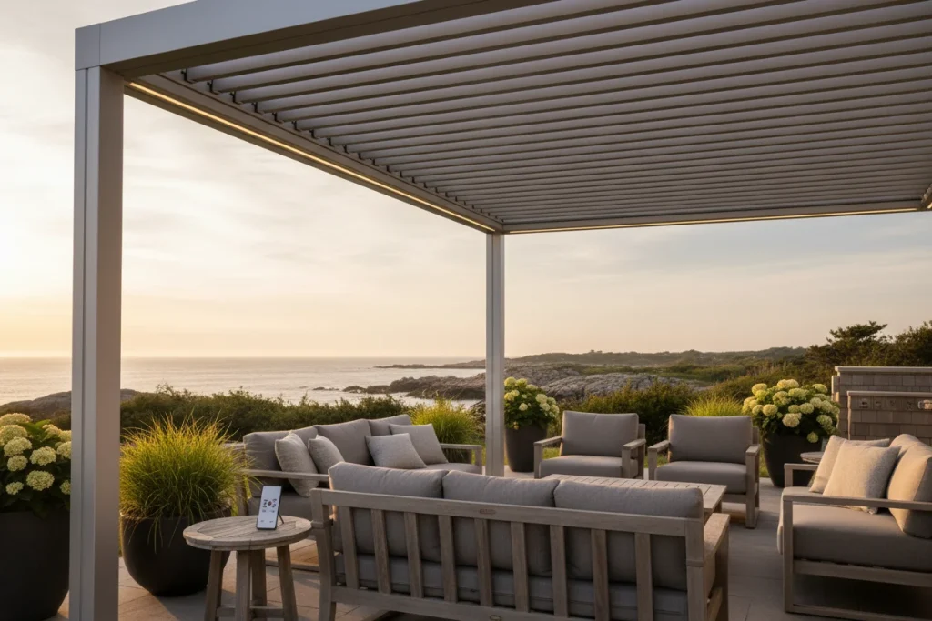 Motorized louvered pergola with adjustable aluminum louvers and integrated LED lighting