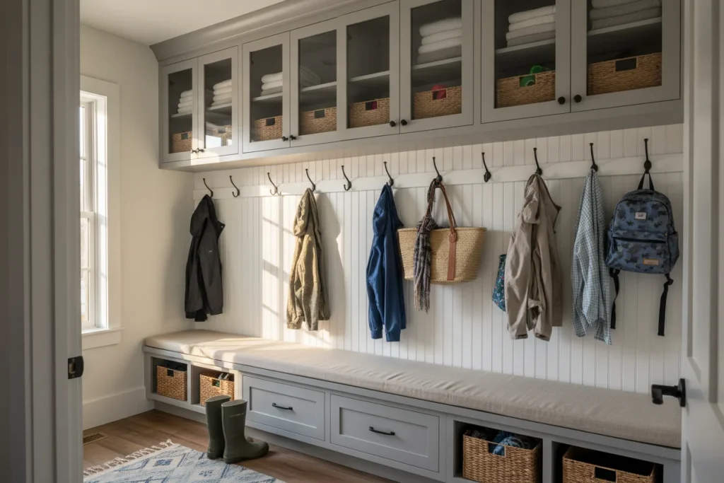 Custom mudroom built-in cabinets with bench seating and storage cubbies built by CabStone