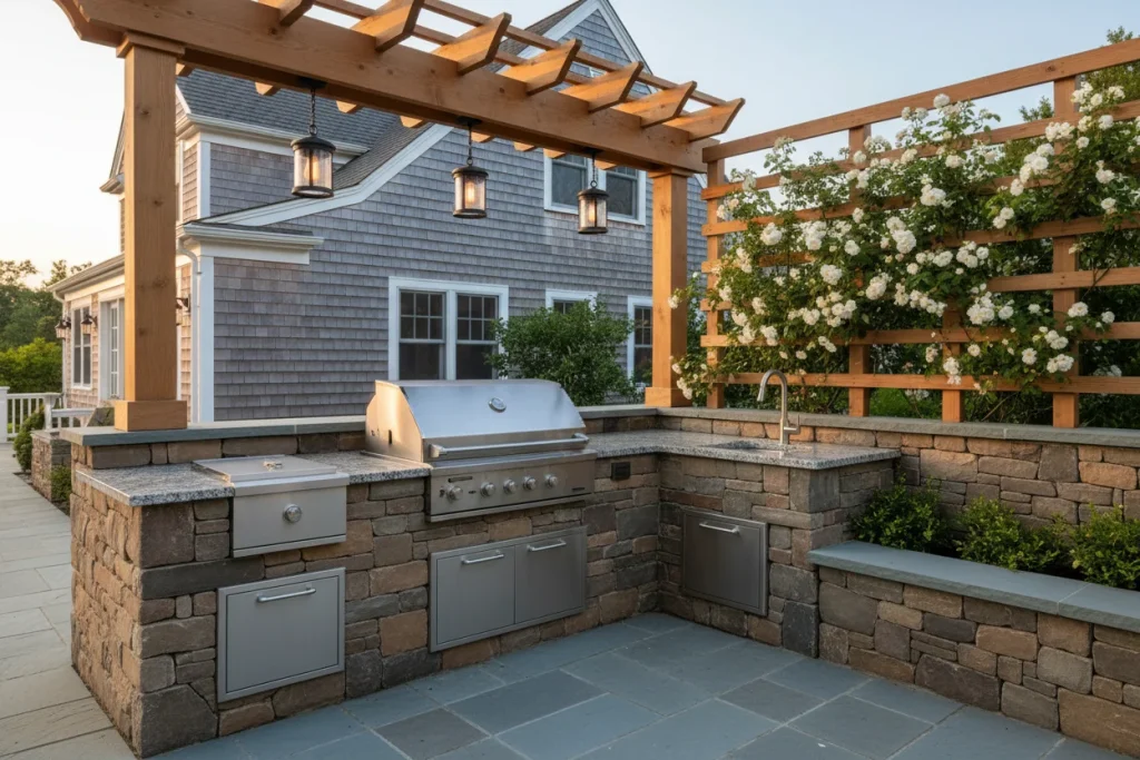 Built-in outdoor kitchen with stone base and granite countertop on bluestone patio in Massachusetts
