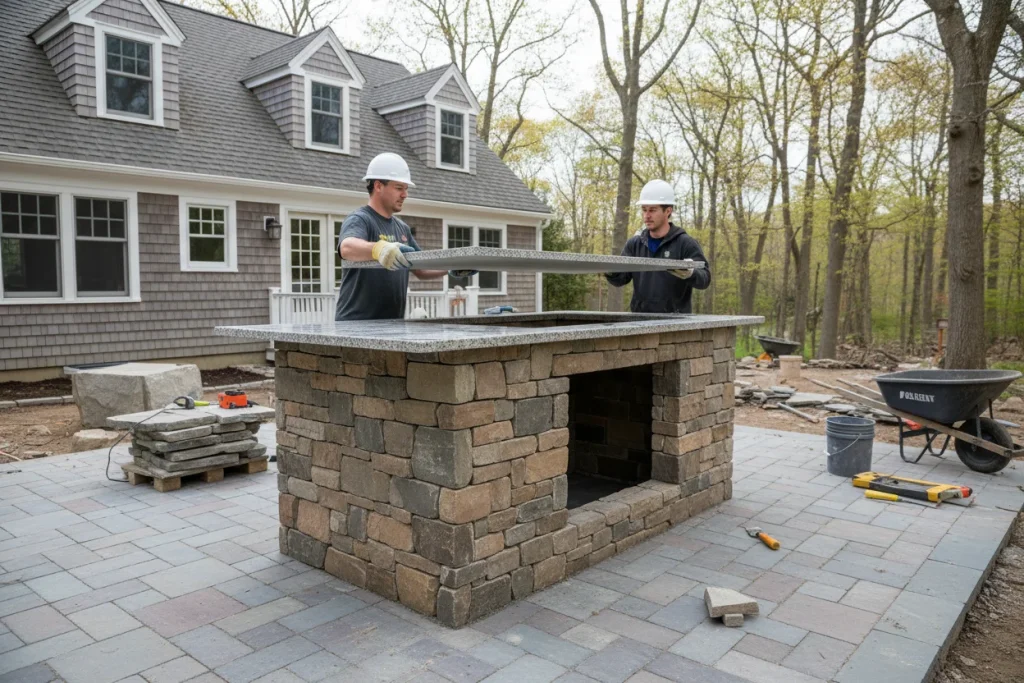 Outdoor kitchen being built by CabStone contractors on the North Shore of Massachusetts