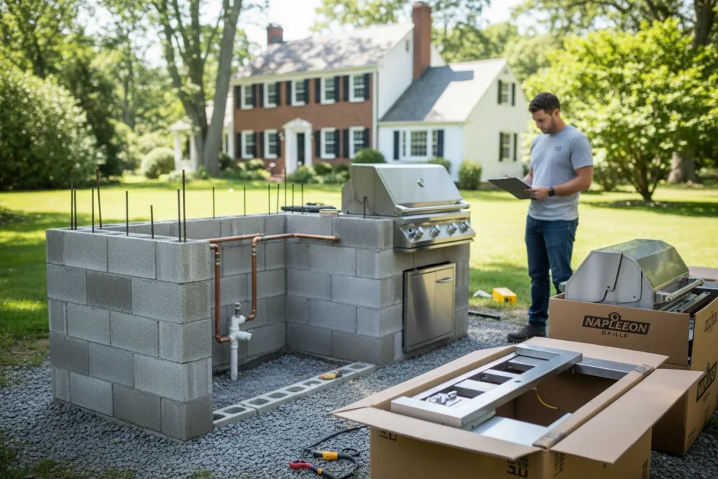 Outdoor kitchen island under construction with utility rough-ins and materials staged