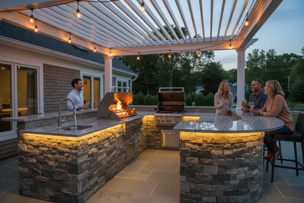 Completed outdoor kitchen with lighting and motorized pergola during evening entertaining in Middleton MA