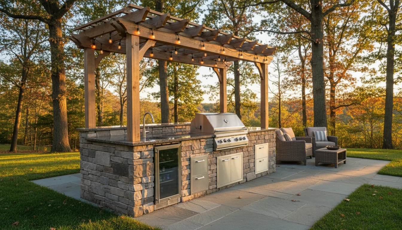 Custom outdoor kitchen with built-in grill and granite countertops on a New England patio