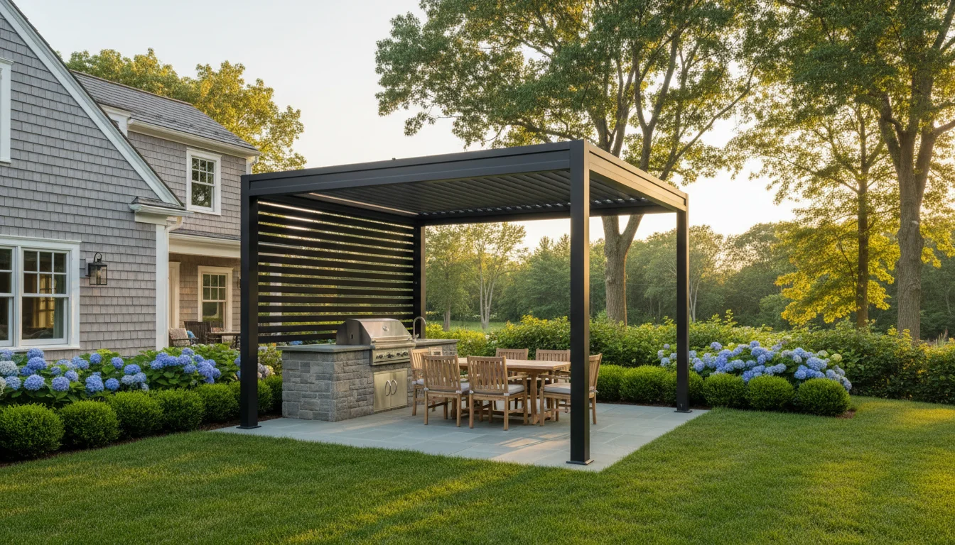 Outdoor living contractor Middleton MA - completed backyard with motorized pergola, outdoor kitchen, and bluestone patio