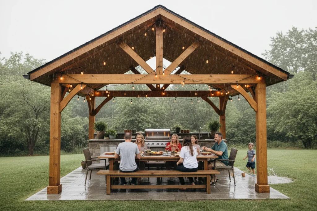 Family entertaining under a solid-roof pavilion during rain in Middleton, MA backyard