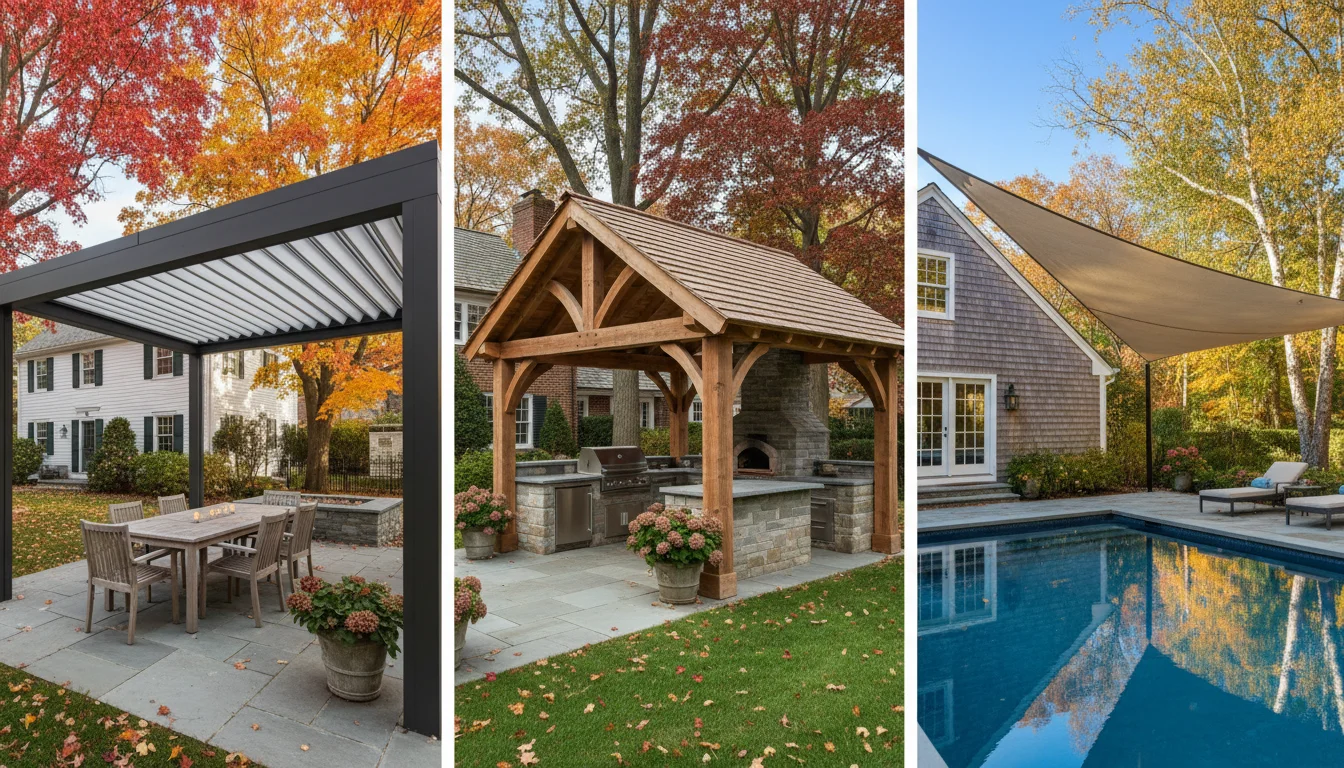 Comparison of pergola, pavilion, and shade sail backyard structures in New England settings