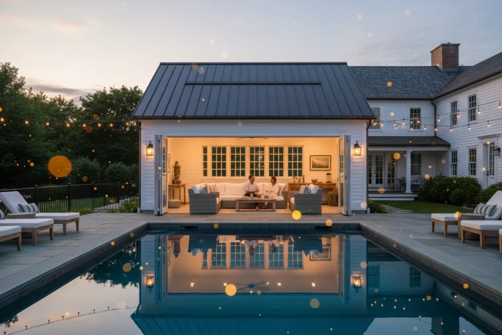 Custom pool house with folding glass doors and bluestone pool deck built by CabStone in Massachusetts
