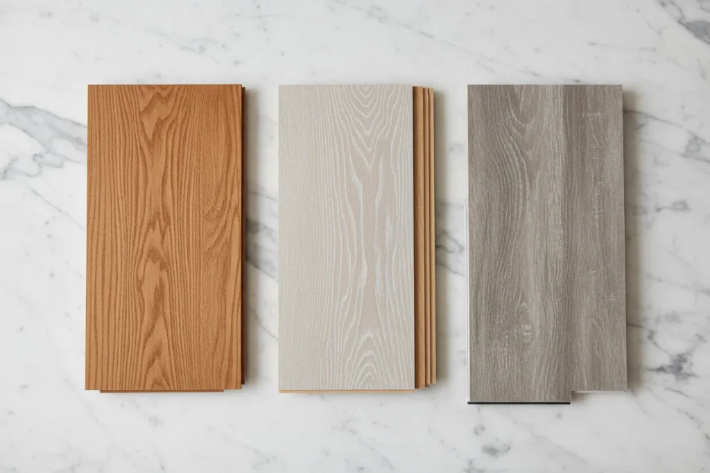 Side-by-side comparison of solid hardwood engineered hardwood and SPC luxury vinyl flooring samples