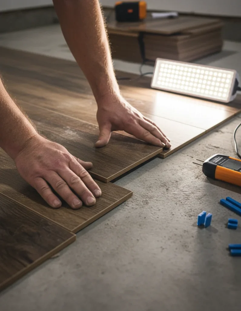 SPC luxury vinyl plank click-lock installation on concrete subfloor in Massachusetts basement