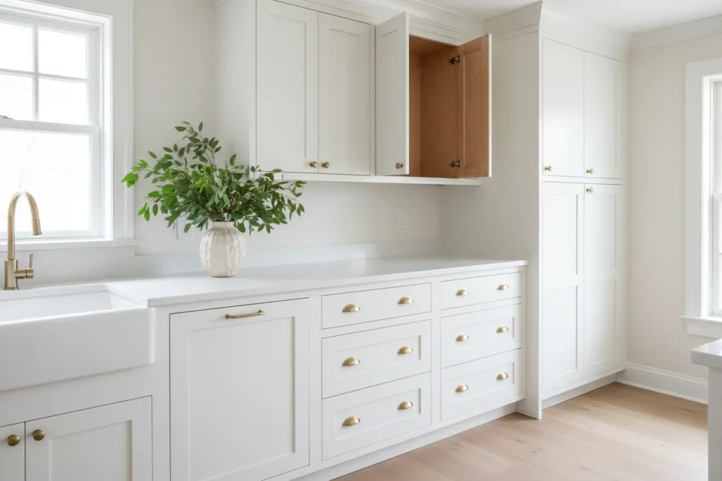 White painted kitchen cabinets with MDF doors and plywood boxes built by CabStone in Massachusetts